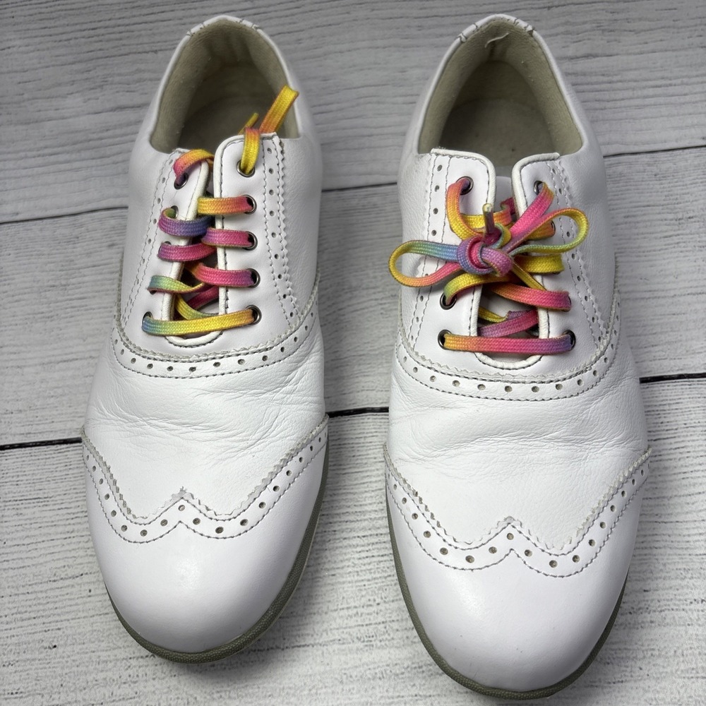 FootJoy LoPro Golf Shoes Comfort Wingtip White Leather Rainbow Laces Size 7.5M